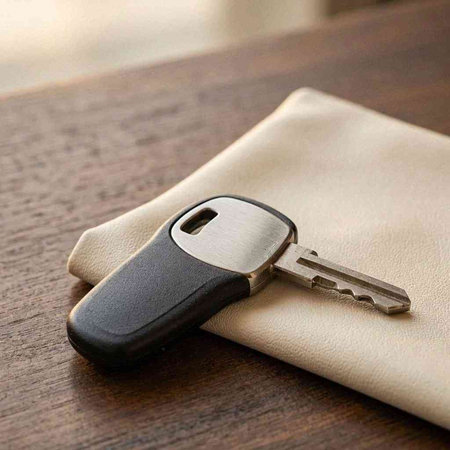Car key on a leather case on a wooden background. Selective focus.