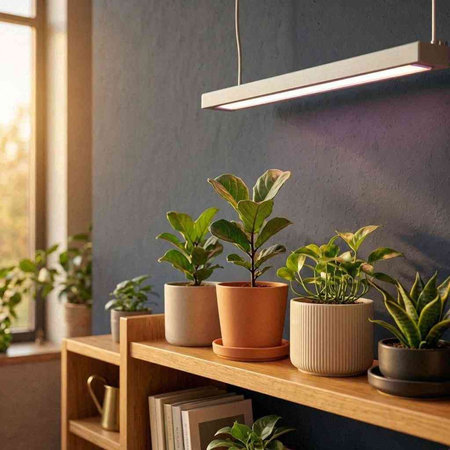 Indoor plants in pots on a shelf in the interior of a room.