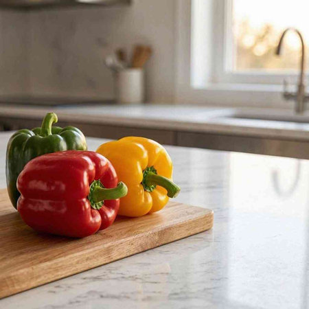 Red, yellow and green peppers on a cutting board in the kitchen