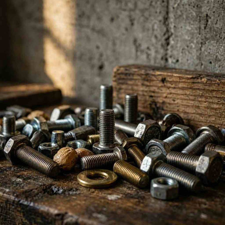 Bolts, nuts and bolts on a wooden table in the workshop