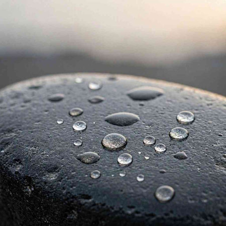 Water droplets on a black stone. Water drops on a stone.