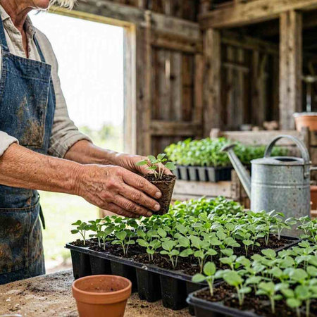 Senior woman caring for seedlings of tomato plants in a greenhouse.