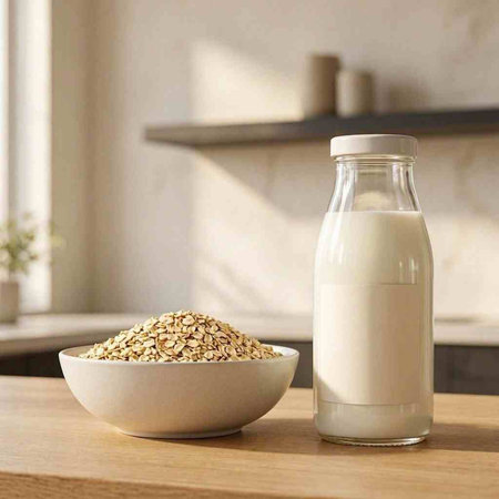 Oat milk in a glass bottle and oatmeal in a bowl on a wooden table