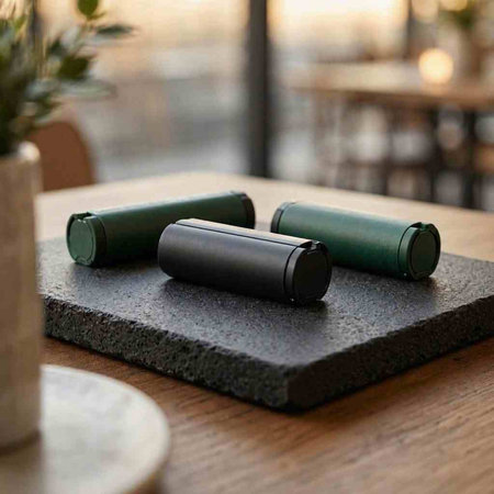 Two green binoculars on a wooden table in a cafe.