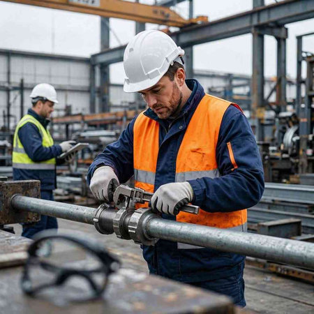 Caucasian man worker in safety helmet and reflective vest working with machine tool in factory