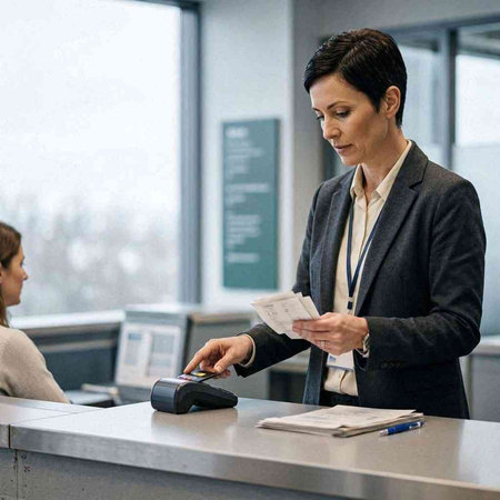 Businesswoman paying with credit card in airport terminal. Businesswoman paying with credit card.
