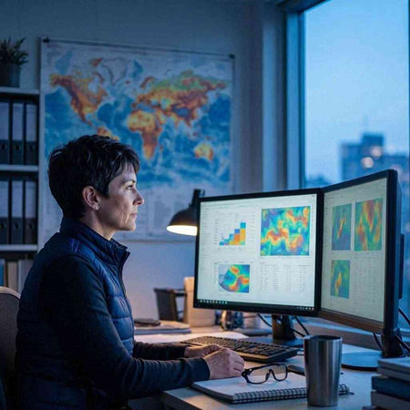 Young businesswoman working late at night in her office using computer monitors and graphics.
