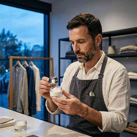 Man in apron at the counter of a shoe store, holding a bottle of cream.