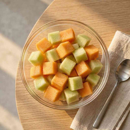 Melon and cantaloupe slices in glass bowl on wooden table