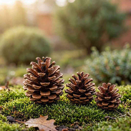 Pine cones on moss in the garden. Seasonal background.