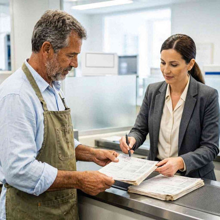 Mature man and woman working together at the cash register in the office