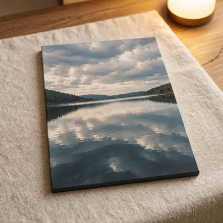 A black and white picture of a lake on a white tablecloth