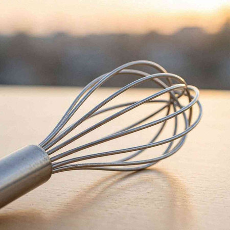 Womens hand-held kitchen whisk on a wooden surface.