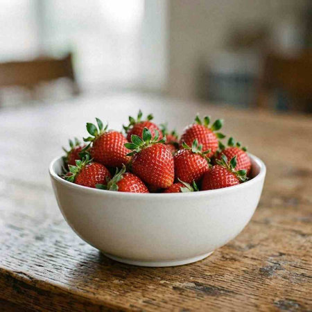 Strawberries in a bowl on a wooden table, selective focus