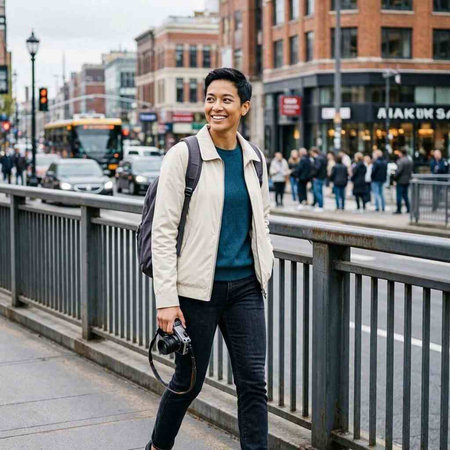 Young handsome asian man walking in the city with a camera.