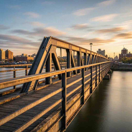 A view of a metal bridge over the Mississippi River at sunset.