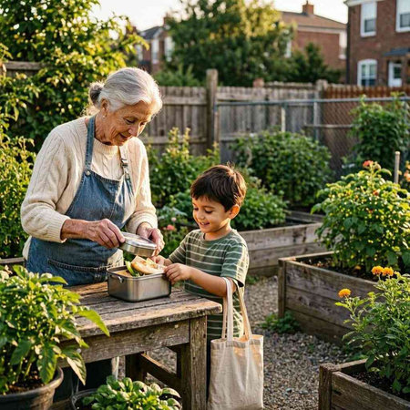 Grandmother and grandson gardening together in the backyard. Grandma and grandson are planting vegetables.