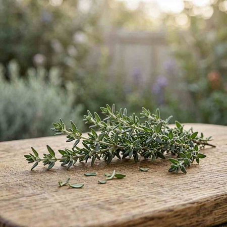 A bunch of thyme on a wooden board in the garden.