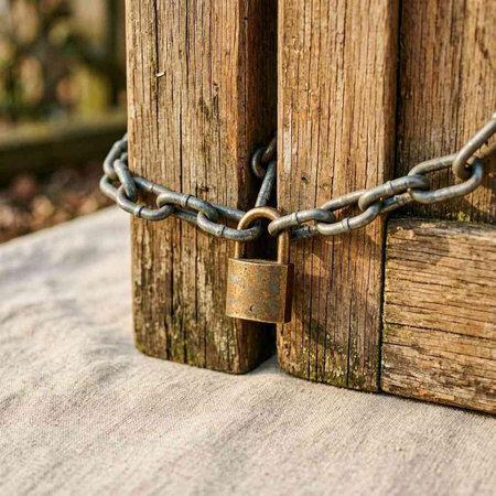 Padlock on a wooden door, locked with chain and padlock