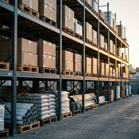 Cargo warehouse with rows of pallets and boxes, stock photo