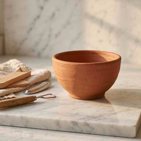 Empty clay bowl on a white marble countertop with copy space.