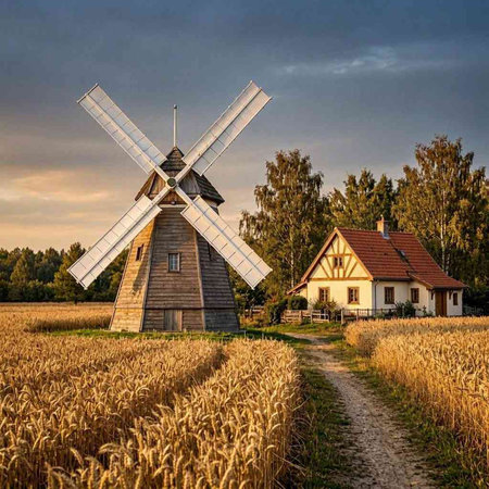 Windmill on a wheat field in the countryside of Bavaria, Germany