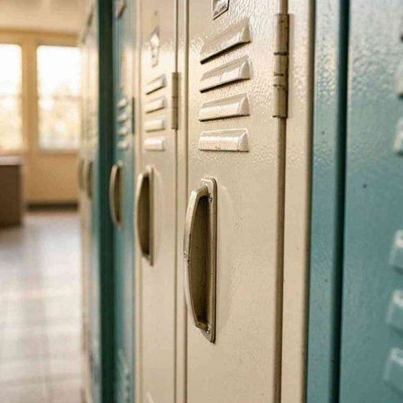 A closeup of the lockers in a school locker room.