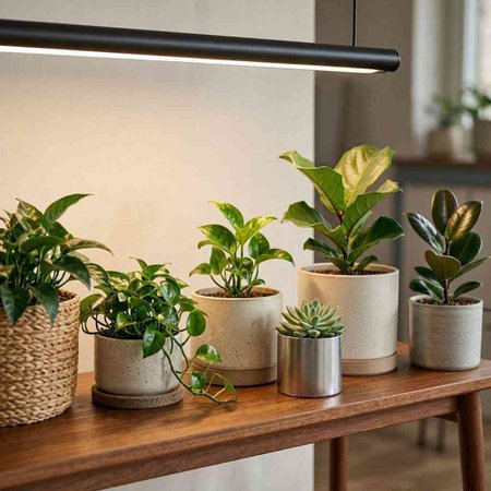 Potted houseplants on a shelf in a modern room.