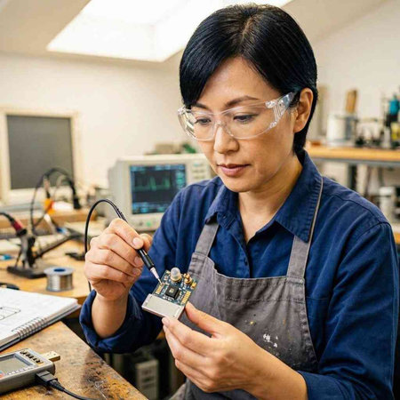 A female technician repairing an electronic device in a workshop.  She is wearing safety glasses and a blue uniform.