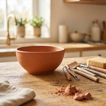A clay bowl on the table in the kitchen. Kitchen utensils.