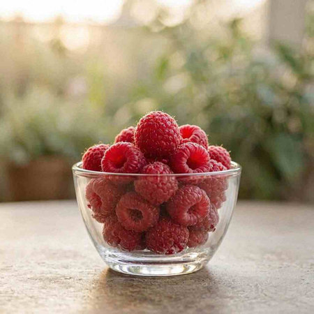 Fresh raspberries in a glass bowl on a concrete table.