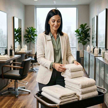 Beautiful asian woman choosing towels in a beauty salon. Attractive young female hairdresser preparing to work.