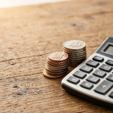 calculator and coins on the wooden table. finance concept.