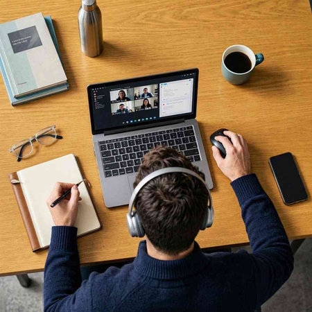 Man working from home on his laptop with a video conference on the screen