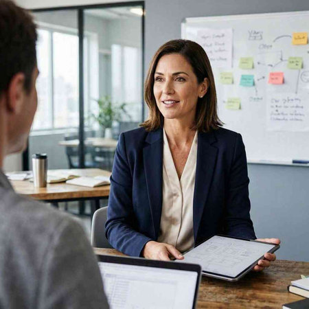 Businesswoman Talking To Male Colleague At Workplace In Modern Office