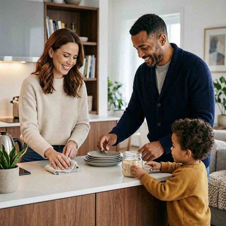 Happy family spending time together at home. Mother, father and little son preparing breakfast together.