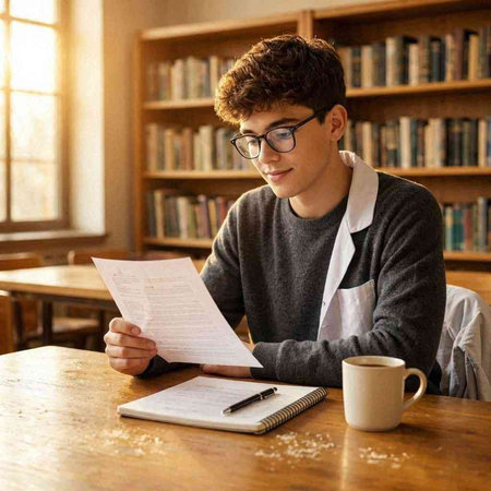 Young man studying in a library with books and a cup of coffee