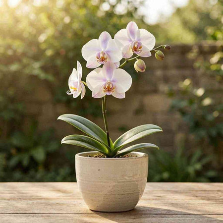 White orchid in a pot on a wooden table in the garden