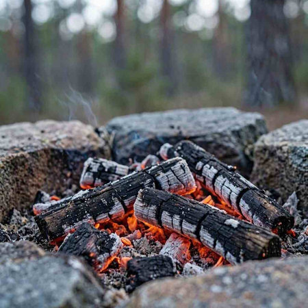 Close up of a bonfire in the middle of the forest.