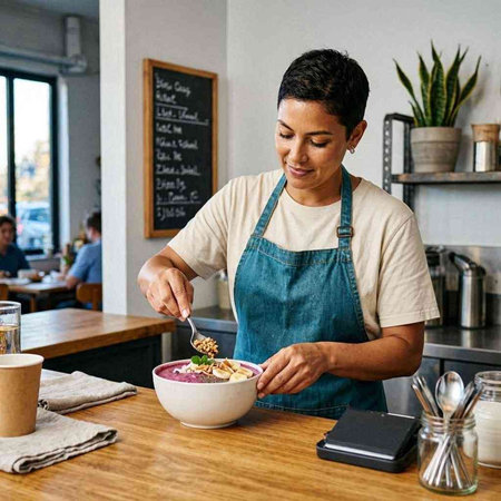 Woman in apron eating bowl of oatmeal and smiling while standing in cafe