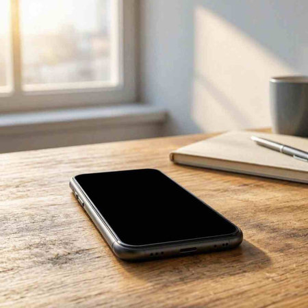 Smartphone with black screen on a wooden table with a notebook and a cup of coffee
