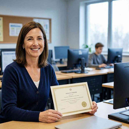 Mature businesswoman holding a certificate at her desk in an office