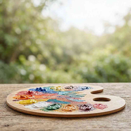 Palette of watercolors on a wooden table in the garden