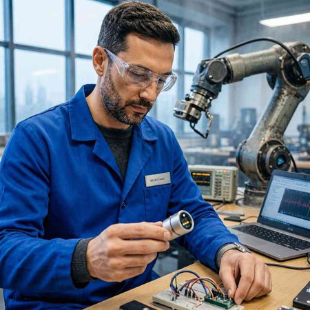 Engineer working on a robot in a factory. Industrial concept.
