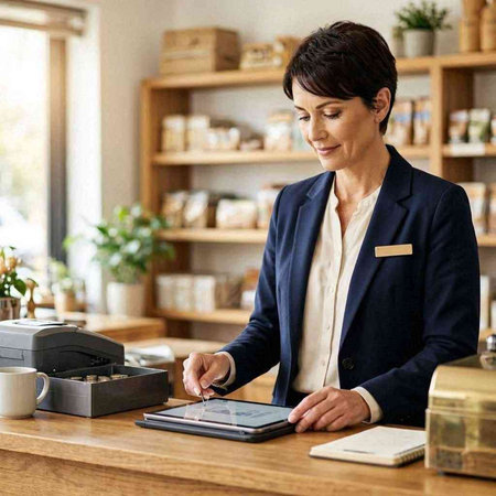 Businesswoman working at a counter in a coffee shop with a digital tablet
