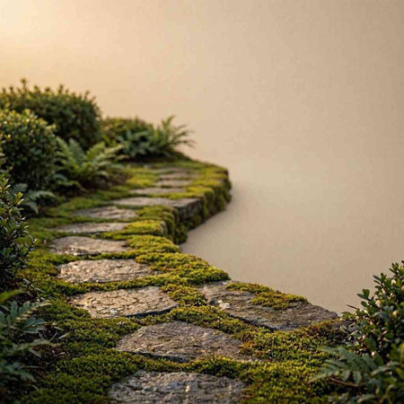 Stone path in the garden with green moss and a foggy background