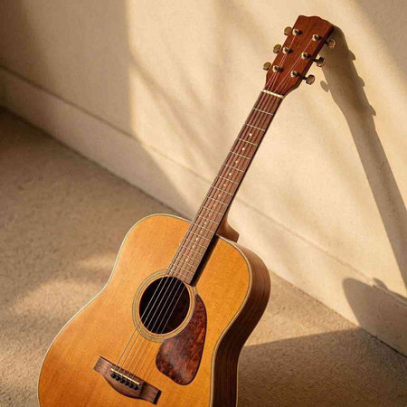 Acoustic guitar on the floor with shadow from the window in the room