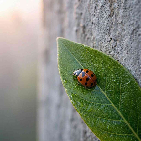 ladybug on a green leaf on a gray background, macro