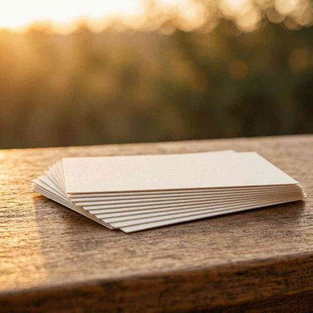 Blank business cards on a wooden table in the rays of the setting sun