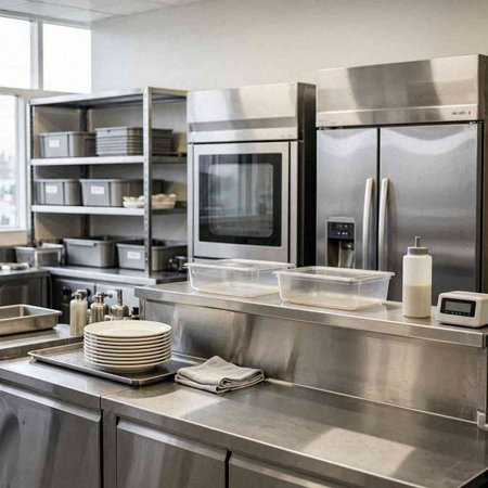 Kitchen interior with stainless steel utensils and modern appliances.